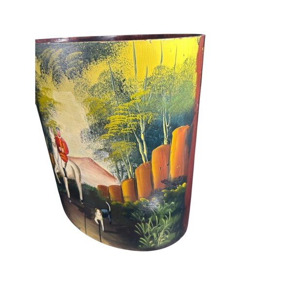 Equestrian Fox Hunt Hand Painted Wood Waste Basket Trash Can Bed Office 12.5" - Picture 2 of 12